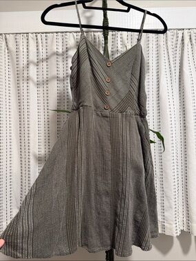 Spaghetti-Strap Mini Dress with Button Front in Taupe
